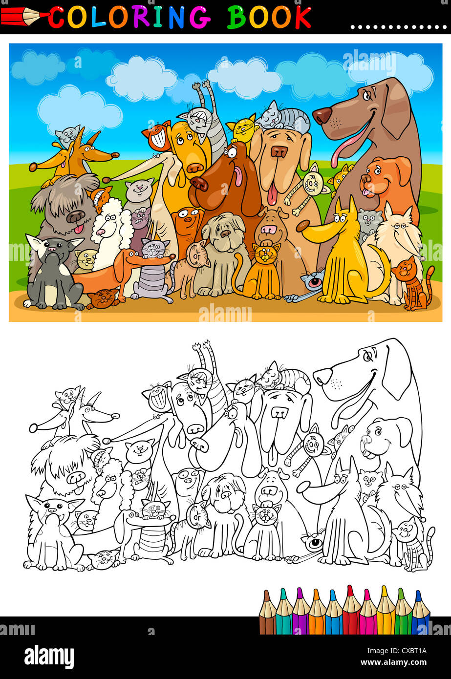 Libro da colorare o pagina Cartoon illustrazione della seduta divertenti cani e gatti Gruppo contro il cielo blu per bambini Foto Stock