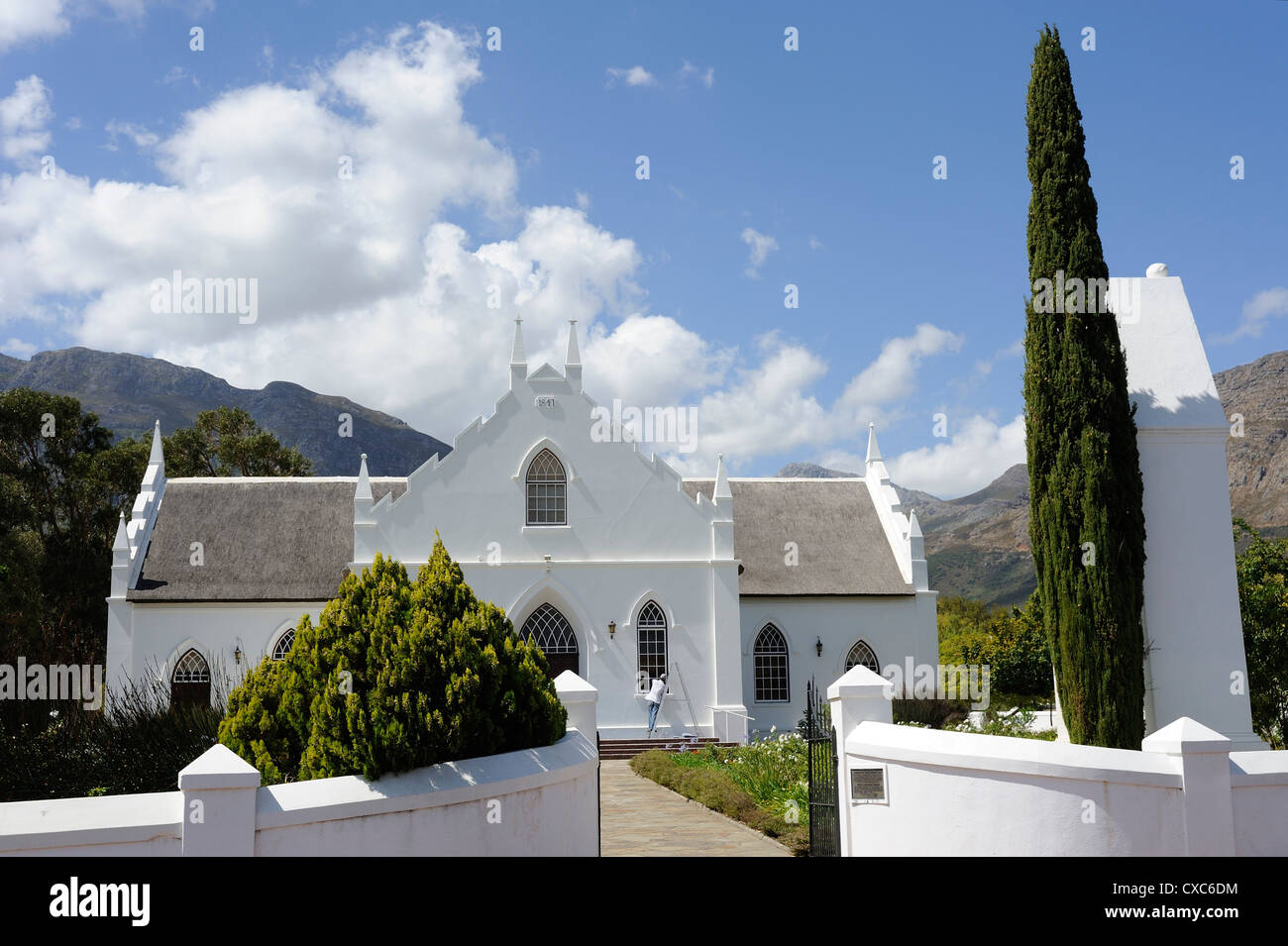 Chiesa olandese riformata risalente al 1841, Franschhoek, Strada del Vino, Provincia del Capo, in Sud Africa e Africa Foto Stock