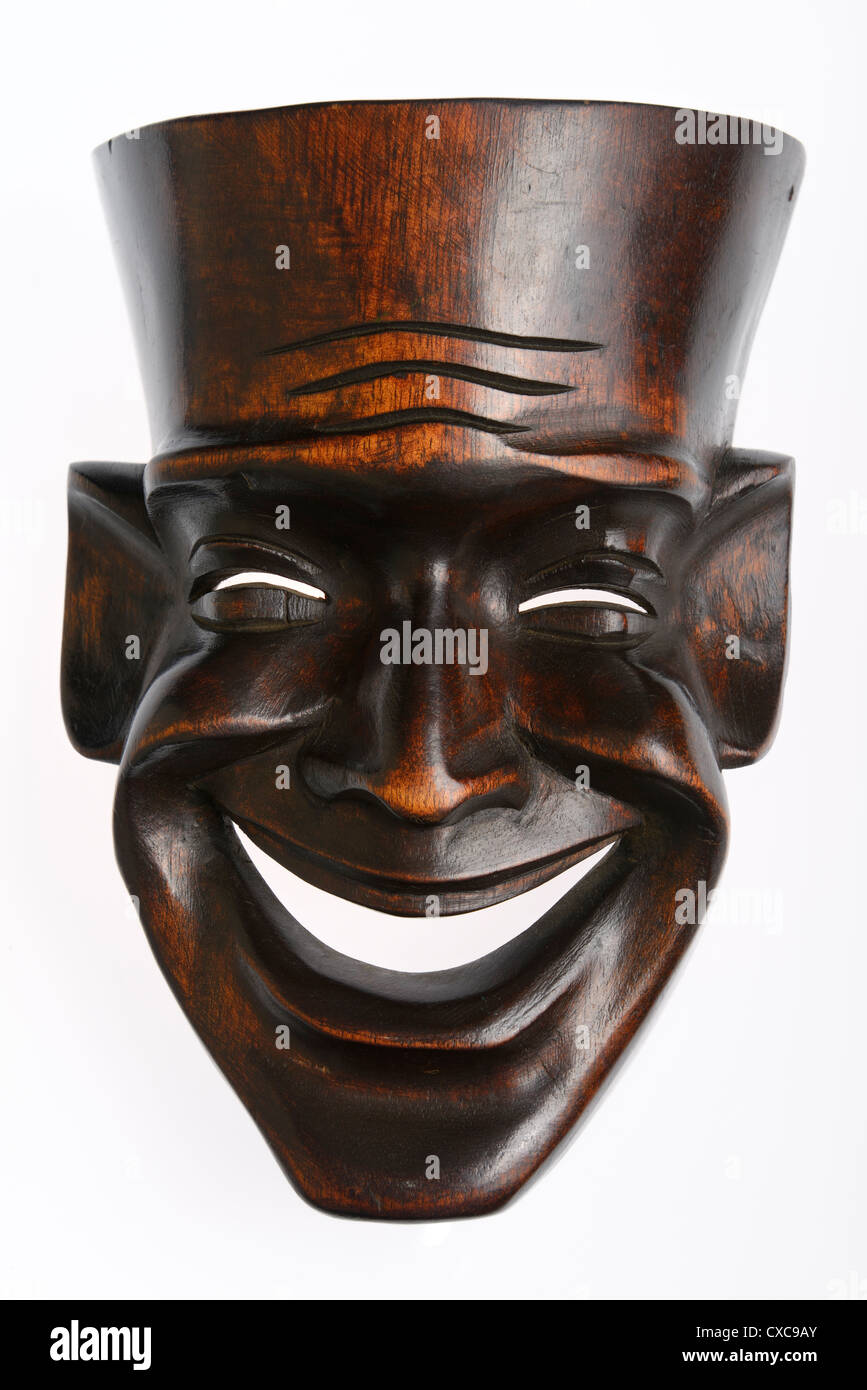 Classic sorridenti ridere commedia teatro greco maschera su sfondo bianco Foto Stock