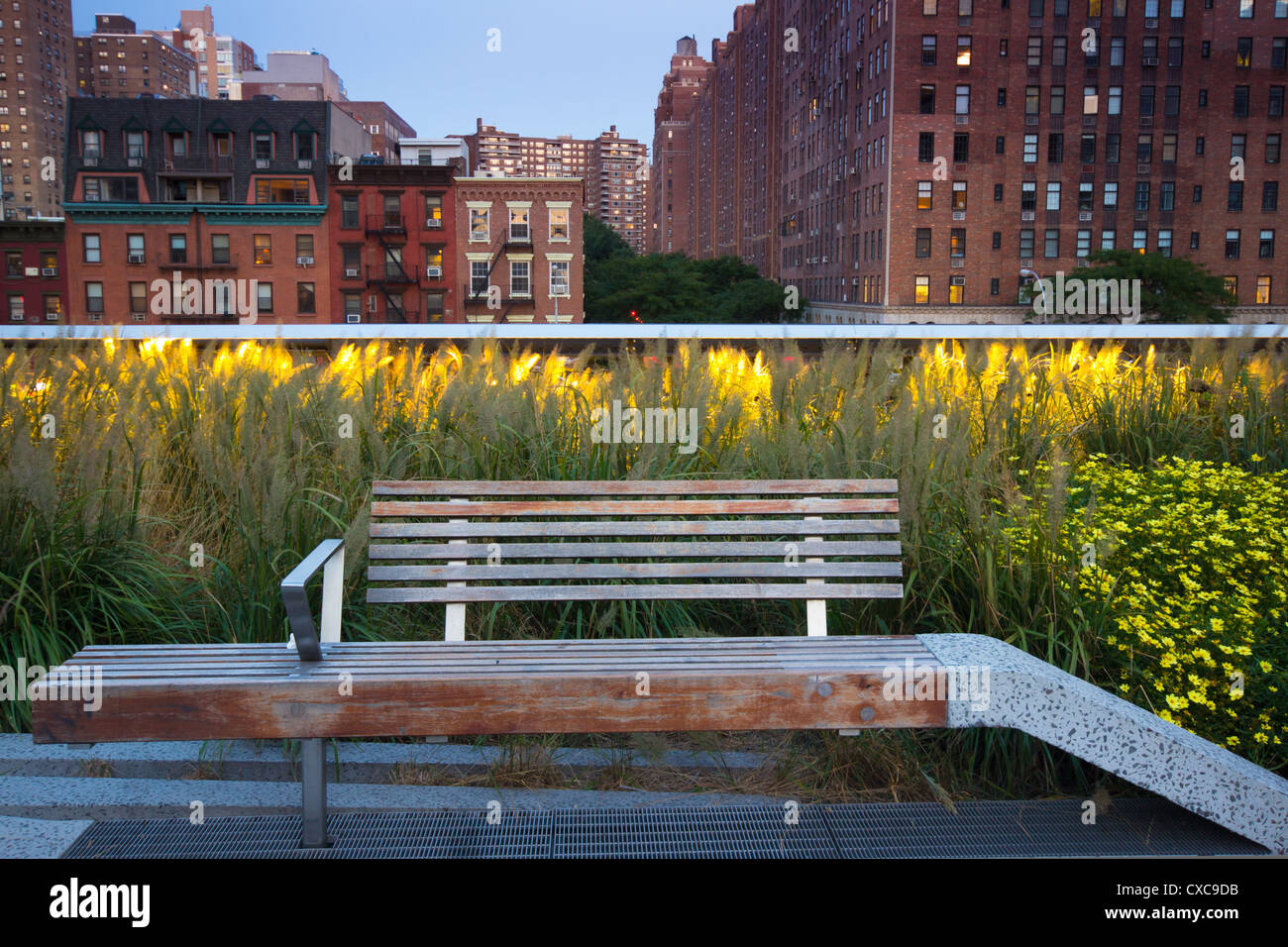 Banco a High Line Park a New York City con edifici in background Foto Stock