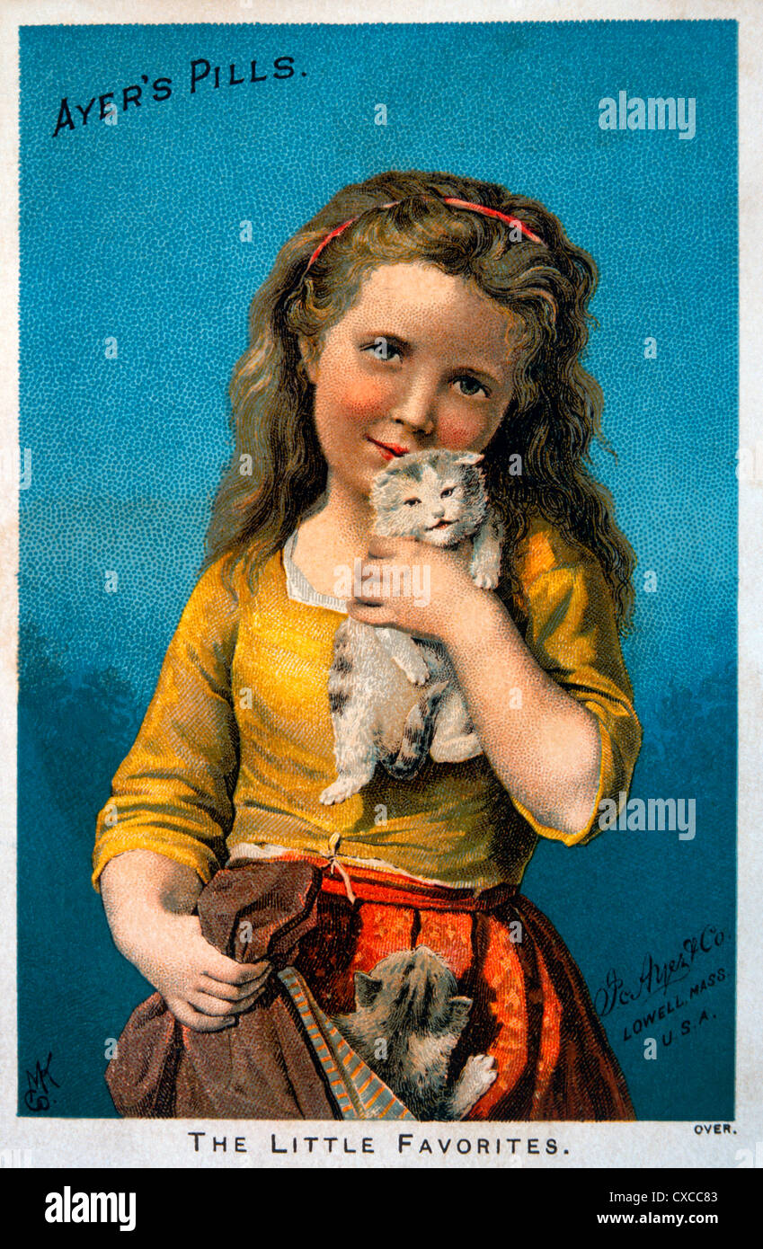 Ragazza con un gattino, Ayer's pillole, scheda commerciale, circa 1885 Foto Stock