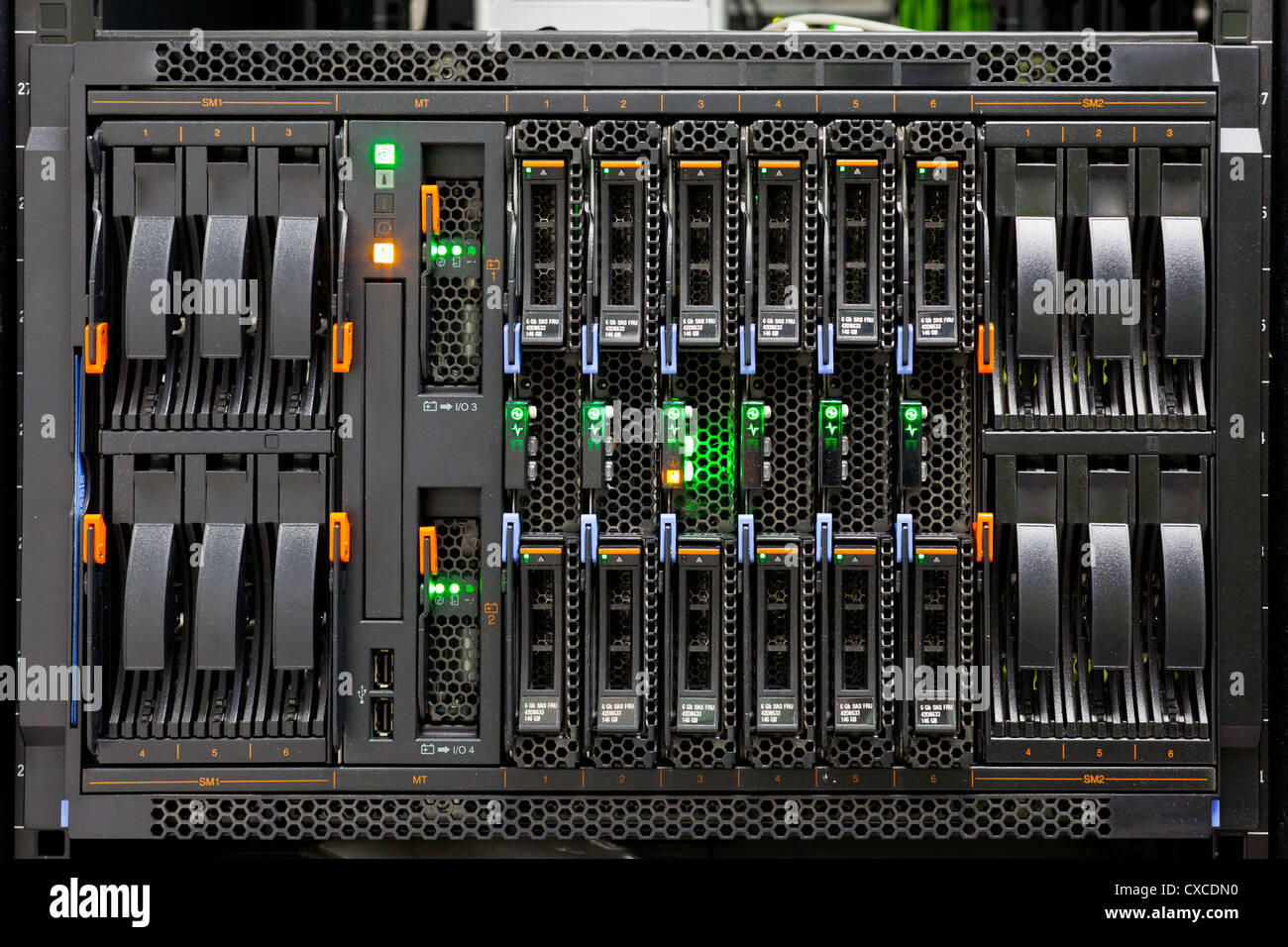 Server di rete Pannello Rack con i dischi rigidi in un centro dati. Foto Stock