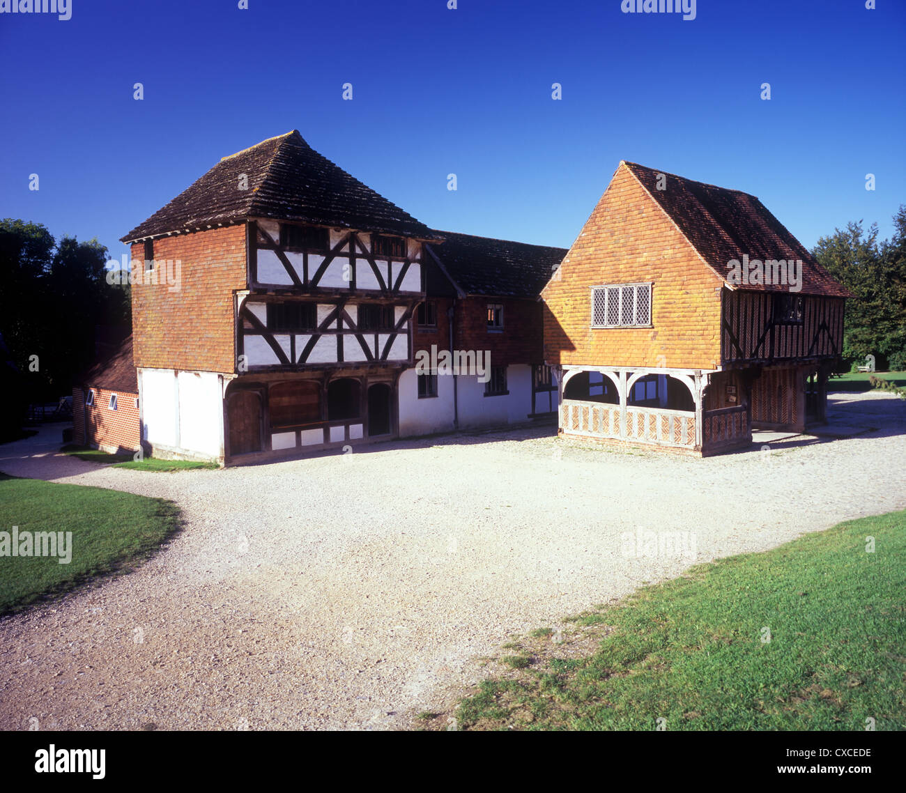 Ricostruito il mercato medievale Piazza, Weald and Downland Open Air Museum, Singleton, West Sussex, Regno Unito Foto Stock