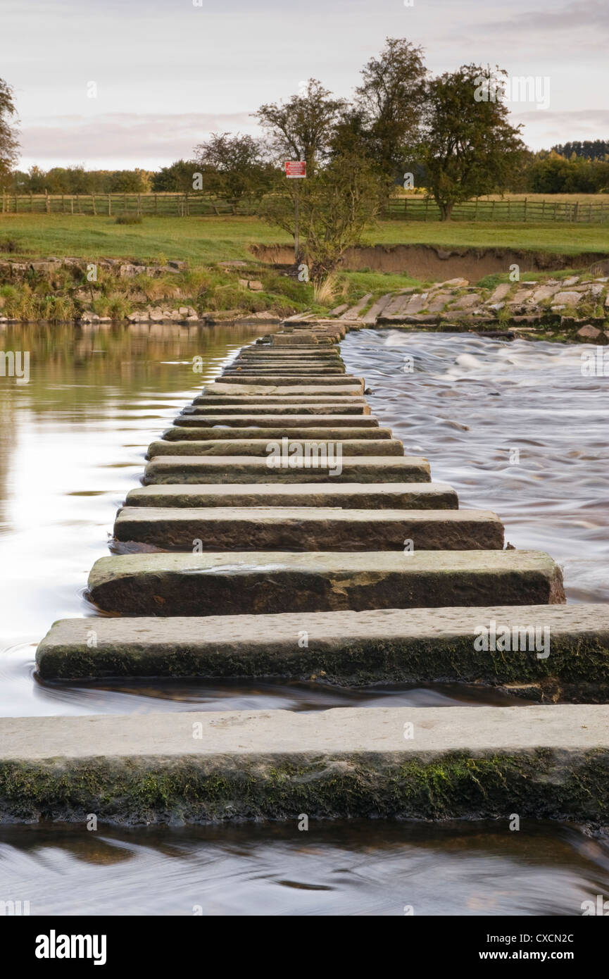 Basso punto di vista ravvicinata di calma acqua fluente round pietre miliari attraversando SCENIC RIVER - Fiume Wharfe, Burley in Wharfedale, nello Yorkshire, Inghilterra, Regno Unito. Foto Stock