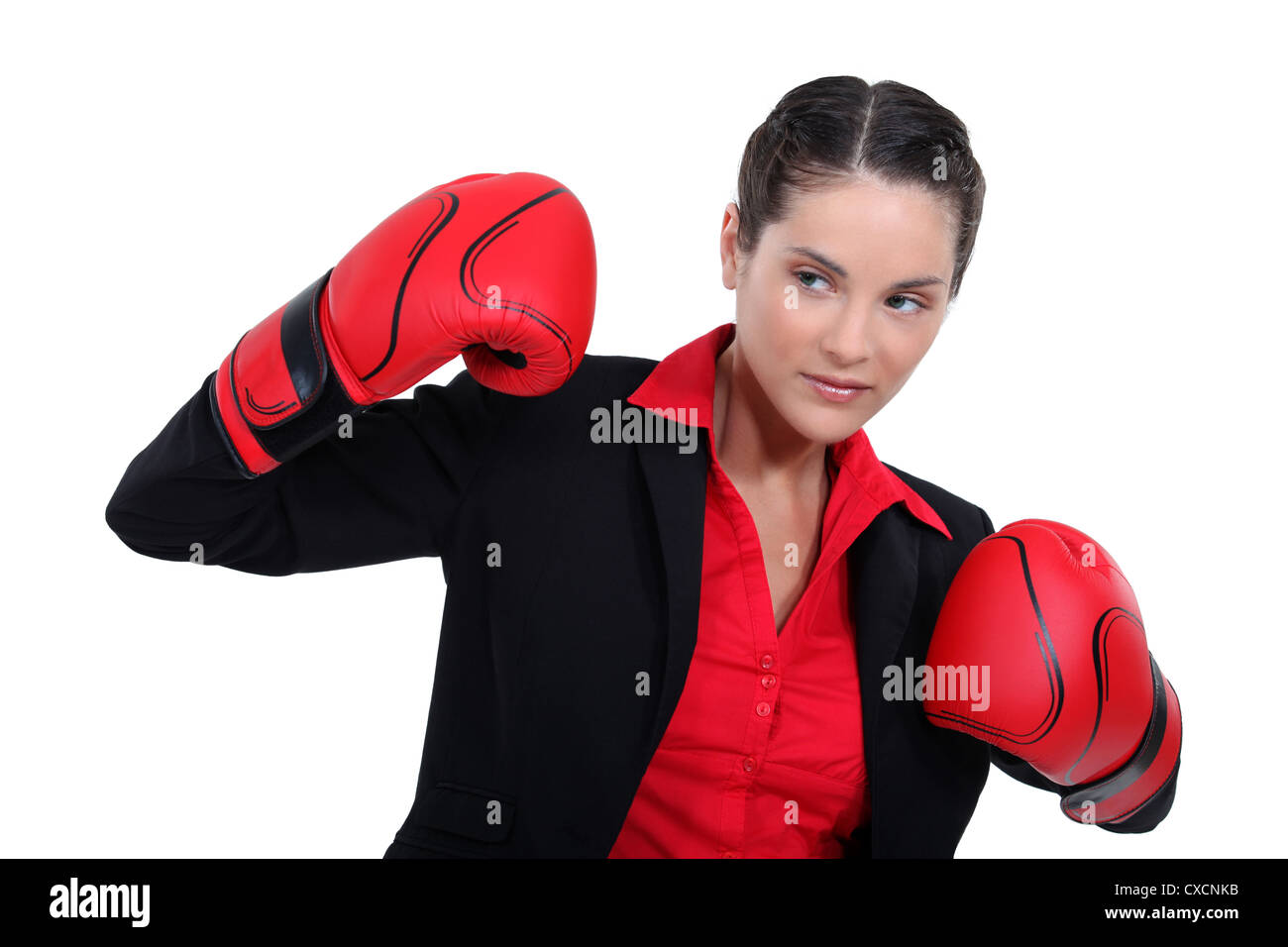 Donna con i guantoni Foto Stock