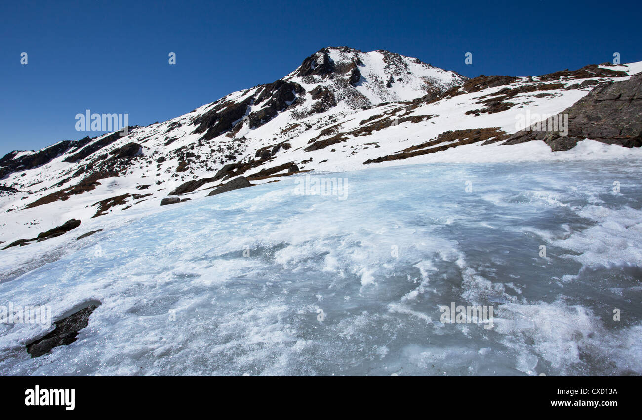Flusso congelato a Gosaikunda, una alta altitudine stop per il trekking in Himalaya, Nepal Foto Stock