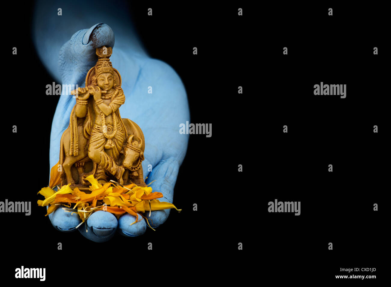 Blu mans indiano mano azienda Krishna statua e petali di fiori su sfondo nero Foto Stock