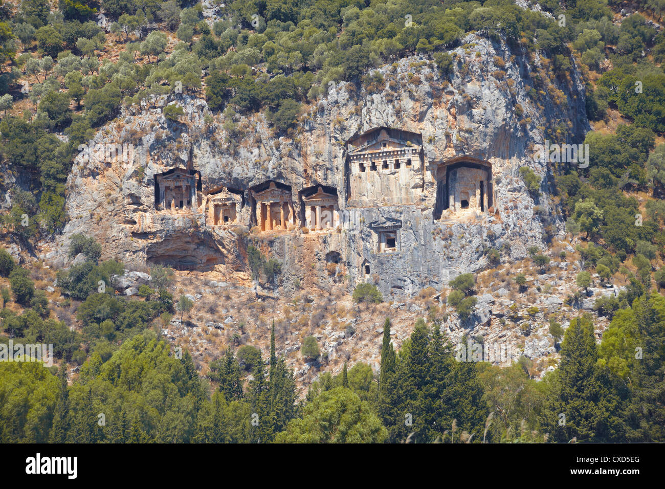 Lycian tombe di Dalyan, Dalyan, Anatolia, Turchia, Asia Minore, Eurasia Foto Stock