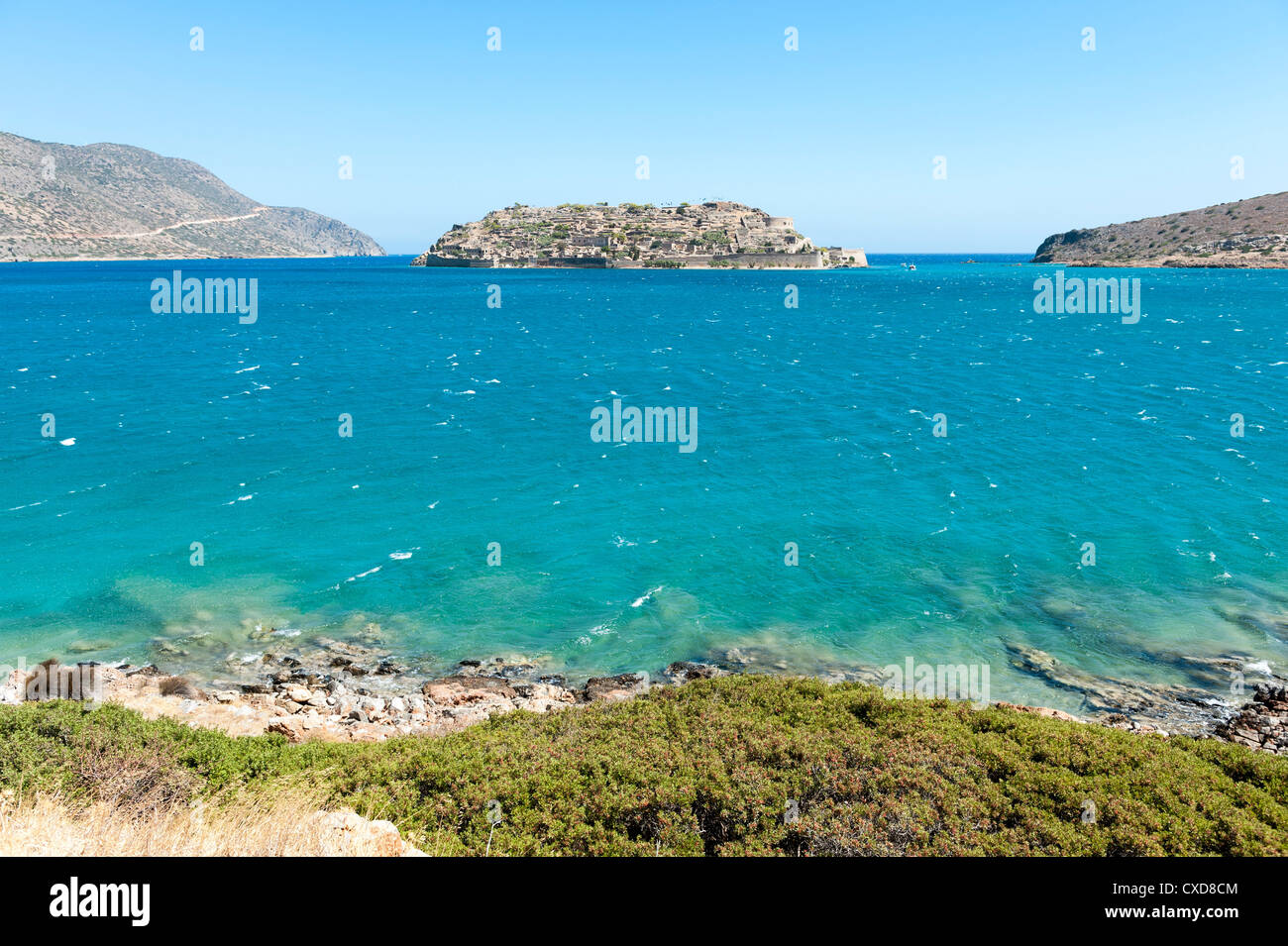 Il tempo di un lebbrosario isola di Spinalonga (Σπιναλόγκα) o Kalydon nel golfo di Elounda Creta Grecia Foto Stock