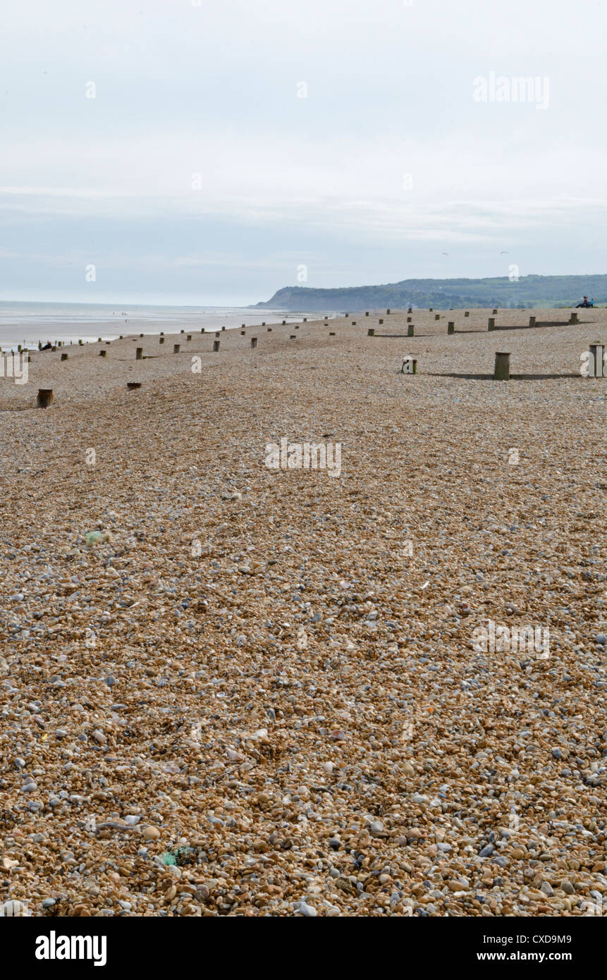 Le difese del mare sulla spiaggia di Winchelsea, East Sussex Foto Stock