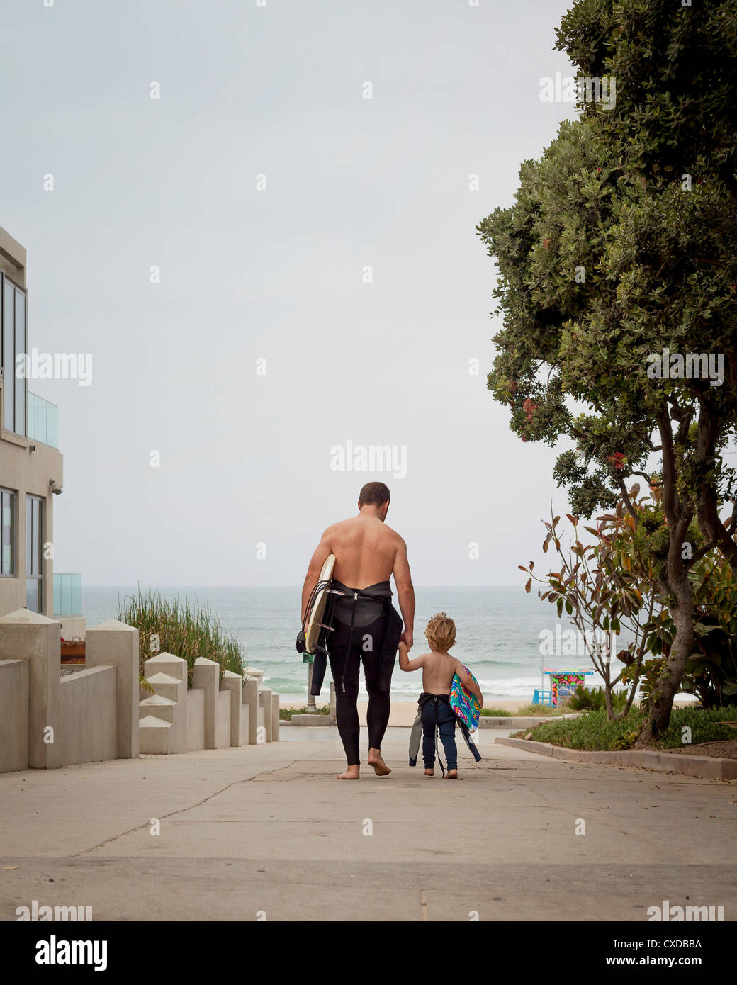 Caucasian padre e figlio nella muta in cammino verso l'oceano Foto Stock
