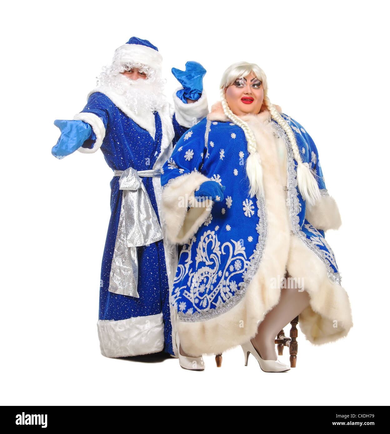 Parodia attori genere raffigurano Babbo Natale e neve Maiden, su sfondo bianco Foto Stock