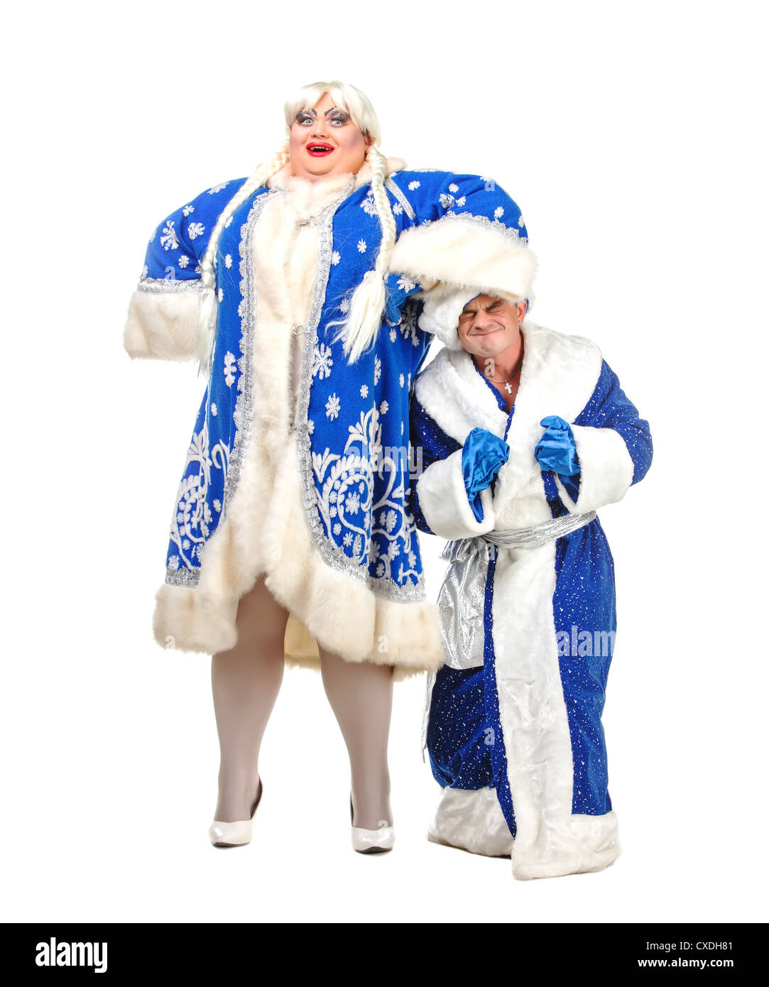Parodia attori genere raffigurano Babbo Natale e neve Maiden, su sfondo bianco Foto Stock