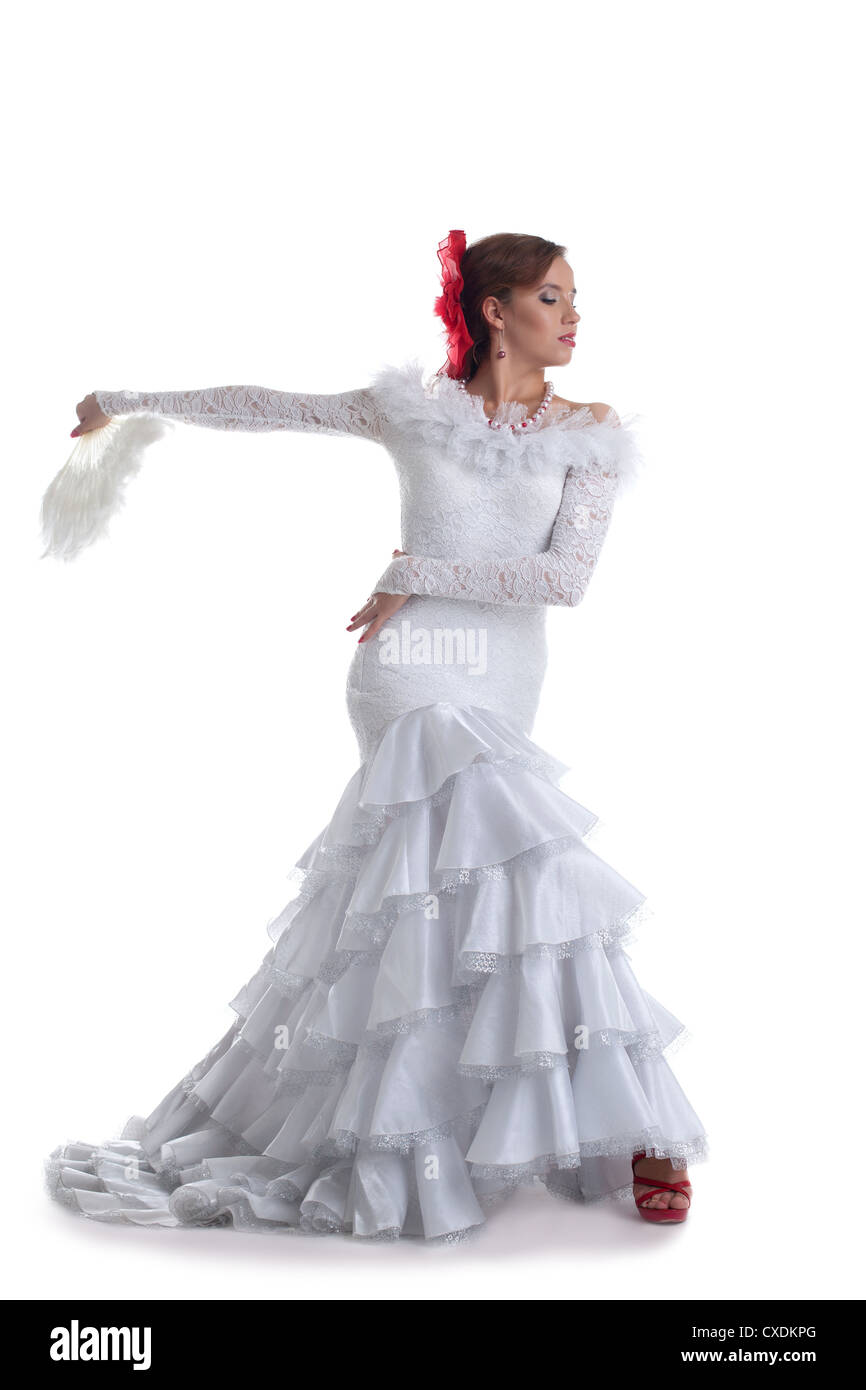 Donna in abito bianco esecuzione di flamenco Foto Stock