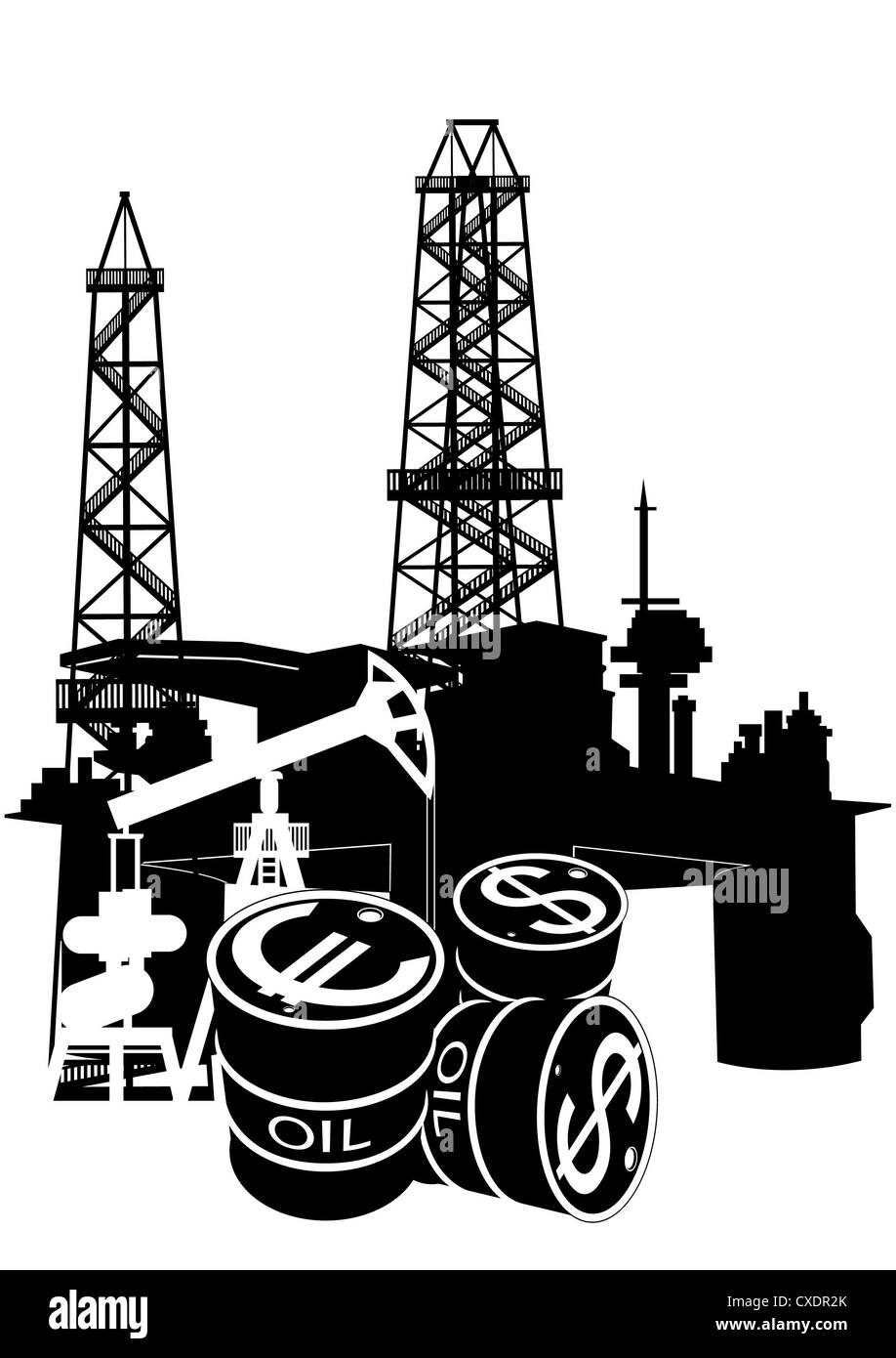 Industria petrolifera e del gas. Bianco e nero illustrazione Foto Stock