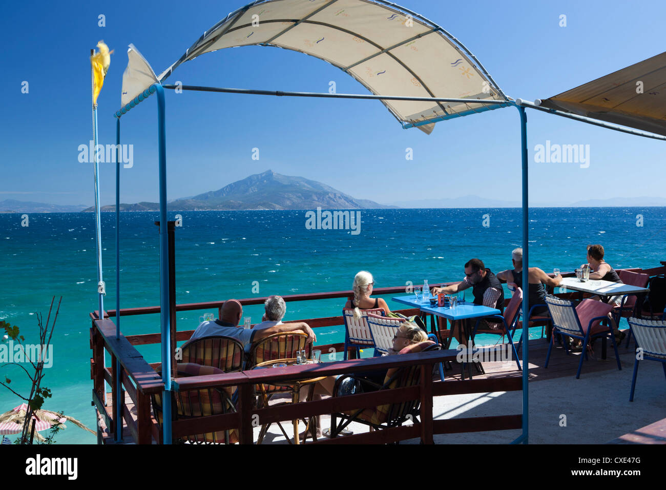 Cafe da mare, Pappa Beach, IREON, SAMOS, ISOLE DELL' EGEO, Grecia Foto Stock