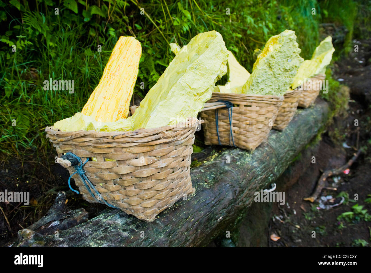 Cestini di luminoso giallo zolfo, Kawah Ijen, Java, Indonesia, Asia sud-orientale, Asia Foto Stock