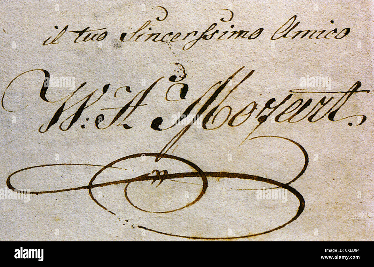 WOLFGANG Amadeus Mozart (1756-1791) autografo " dal tuo amico sincero' Foto Stock