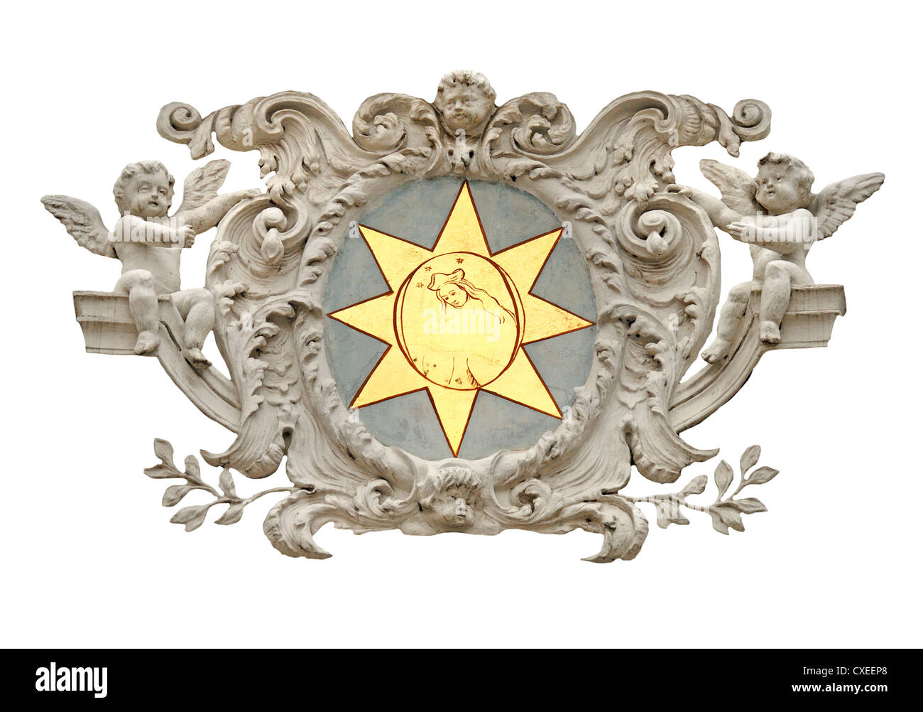 Praga, Repubblica Ceca. Casa tradizionale segno. Stella d'oro sulla facciata di Richtruv dum in Male Namesti Foto Stock