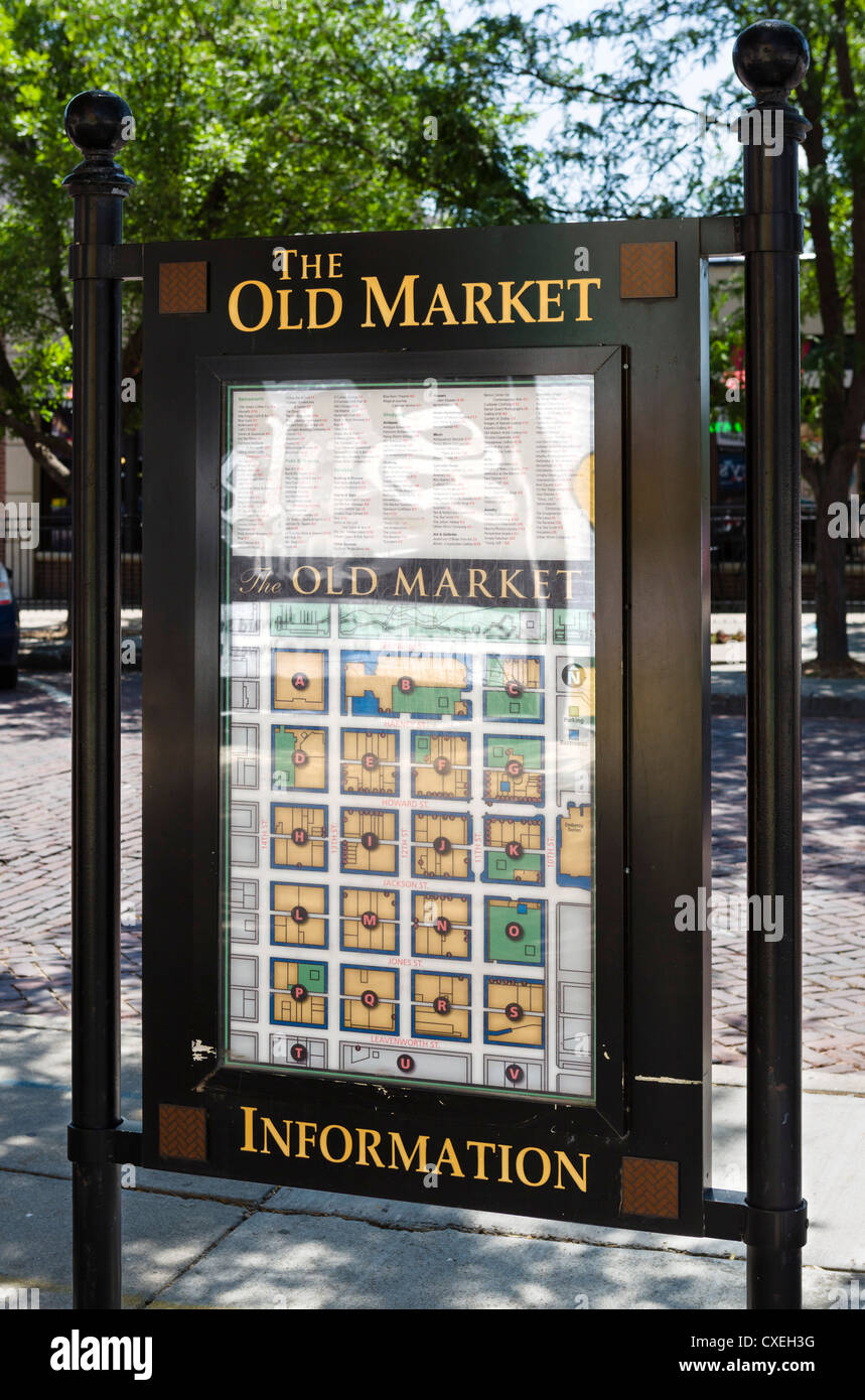 Mappa del centro storico quartiere del Mercato, Omaha, Nebraska, STATI UNITI D'AMERICA Foto Stock