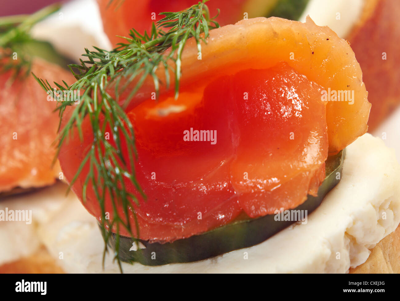 Crostini con salmone affumicato e formaggio di cetriolo Foto Stock