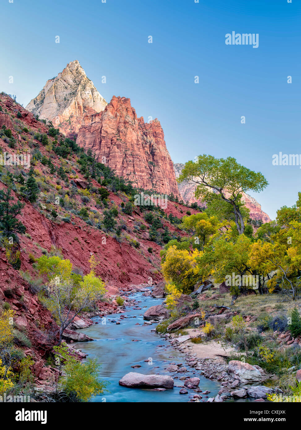 Autunno a colori e il fiume vergine. Parco Nazionale di Zion, Utah. Il cielo è stato aggiunto Foto Stock