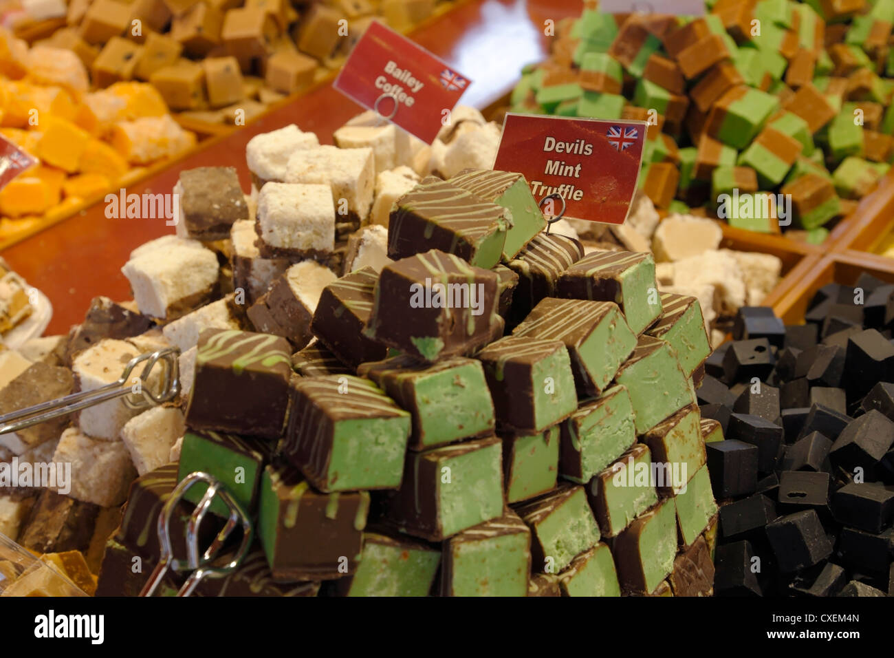 British Fudge Azienda marketing tartufo, fudge, torta, torrone, ecc a Gammeltorv sulla strada pedonale Stroeget in Copenhagen Foto Stock