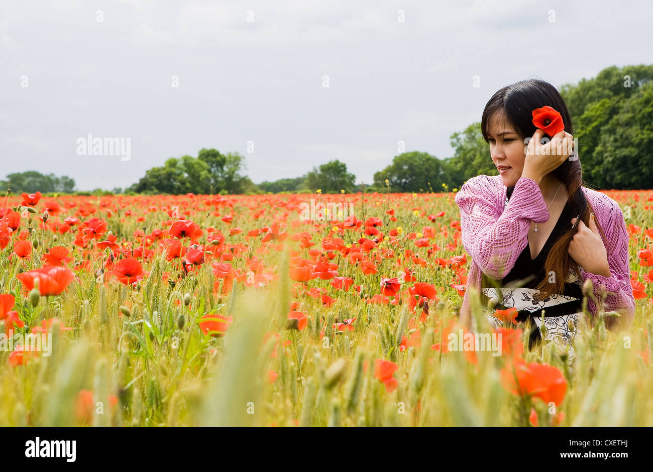 Bella ragazza tailandese tenendo il papavero in lei i capelli in una wheatfield e circondato da papaveri Foto Stock