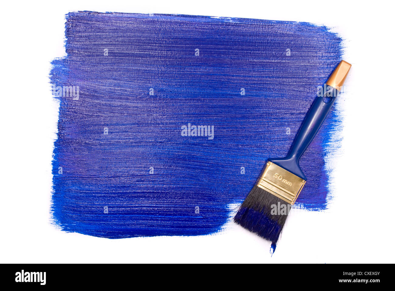 Spazzola professionale con vernice blu su sfondo bianco Foto Stock