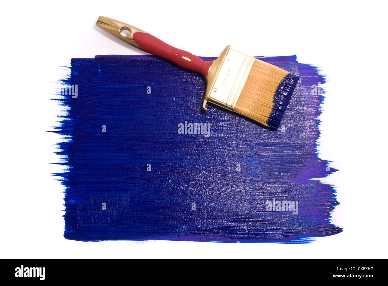 Spazzola con vernice blu su sfondo bianco Foto Stock