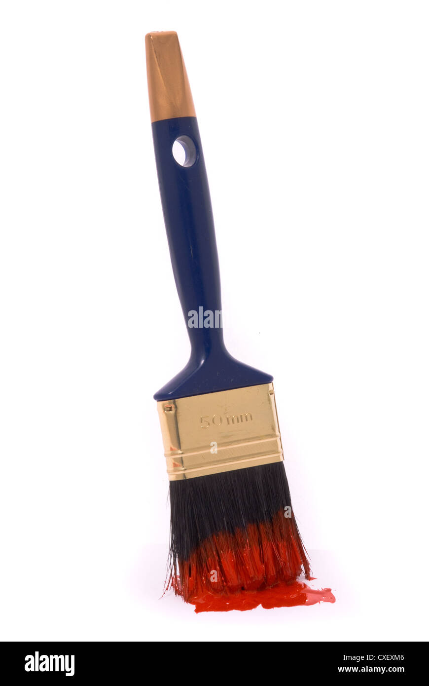 Spazzola professionale con vernice rossa su uno sfondo bianco Foto Stock