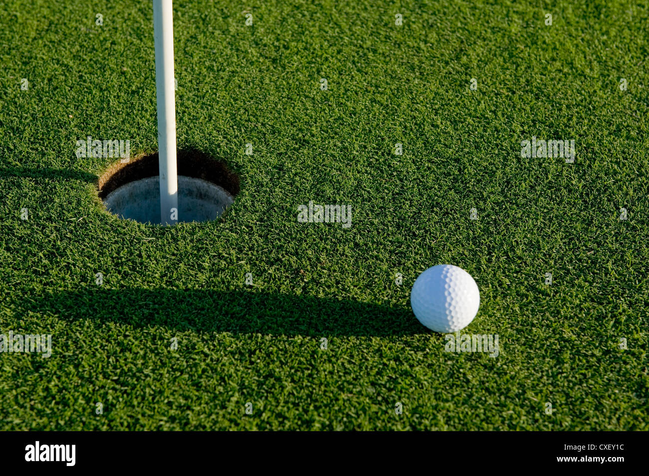 Un corto putt nel gioco del golf su un putting green con una pallina da golf Foto Stock