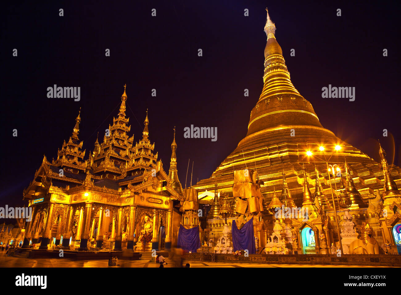 Il ZEDI principale della Shwedagon Paya o pagoda che risale dal 1485 è dorato ogni anno - YANGON, MYANAMAR Foto Stock