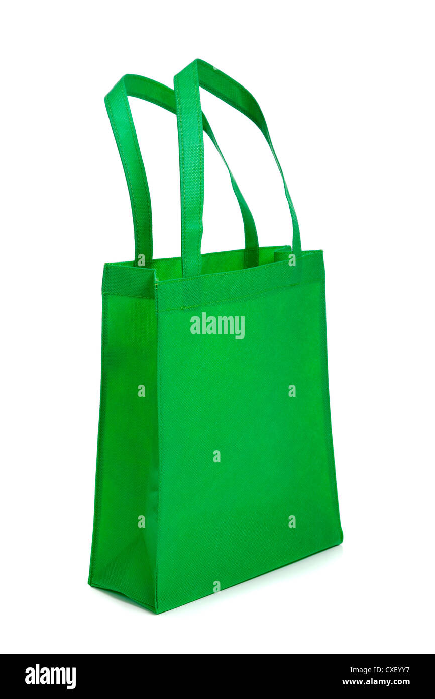 Green shopping bag su sfondo bianco Foto Stock