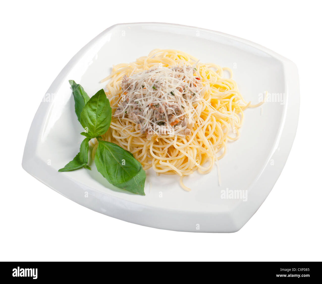 Spaghetti alla carbonara sul recipiente Foto Stock