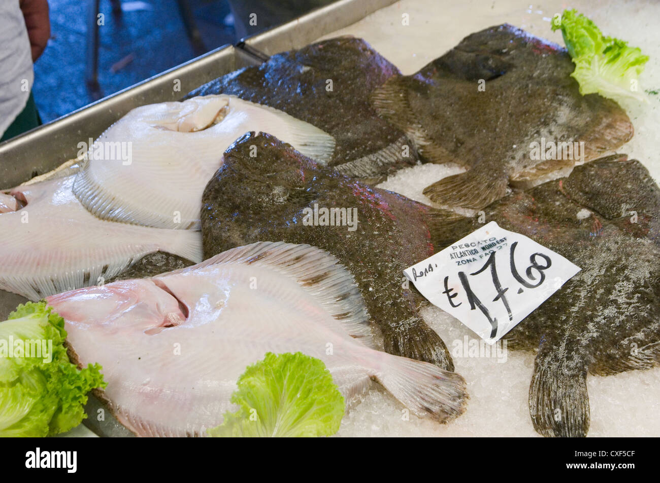 Struttura di pattino piatto di pesce piatto di pesce Pesci su ghiaccio pescivendolo alette parafango Foto Stock