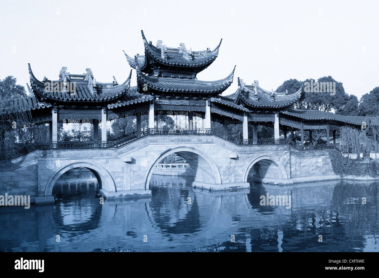 Ponte vecchio in cinese tradizionale giardino Foto Stock