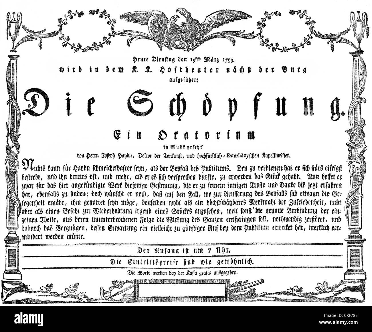 Poster storico della premiere di "creazione", 1799, di Franz Joseph Haydn , 1732 - 1809, il compositore austriaco Foto Stock