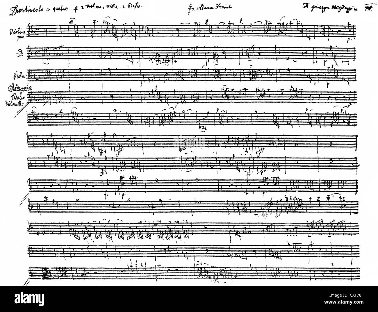 'Divertimento' String Quartet, storico foglio di musica, manoscritto, di Franz Joseph Haydn, 1732 - 1809, un compositore austriaco Foto Stock