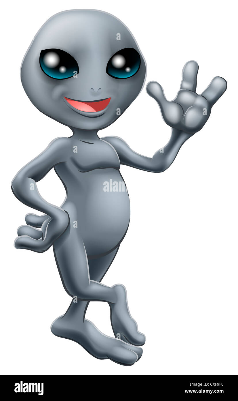 Illustrazione di un cartoon carino piccolo alieno grigio Sorridendo e agitando Foto Stock