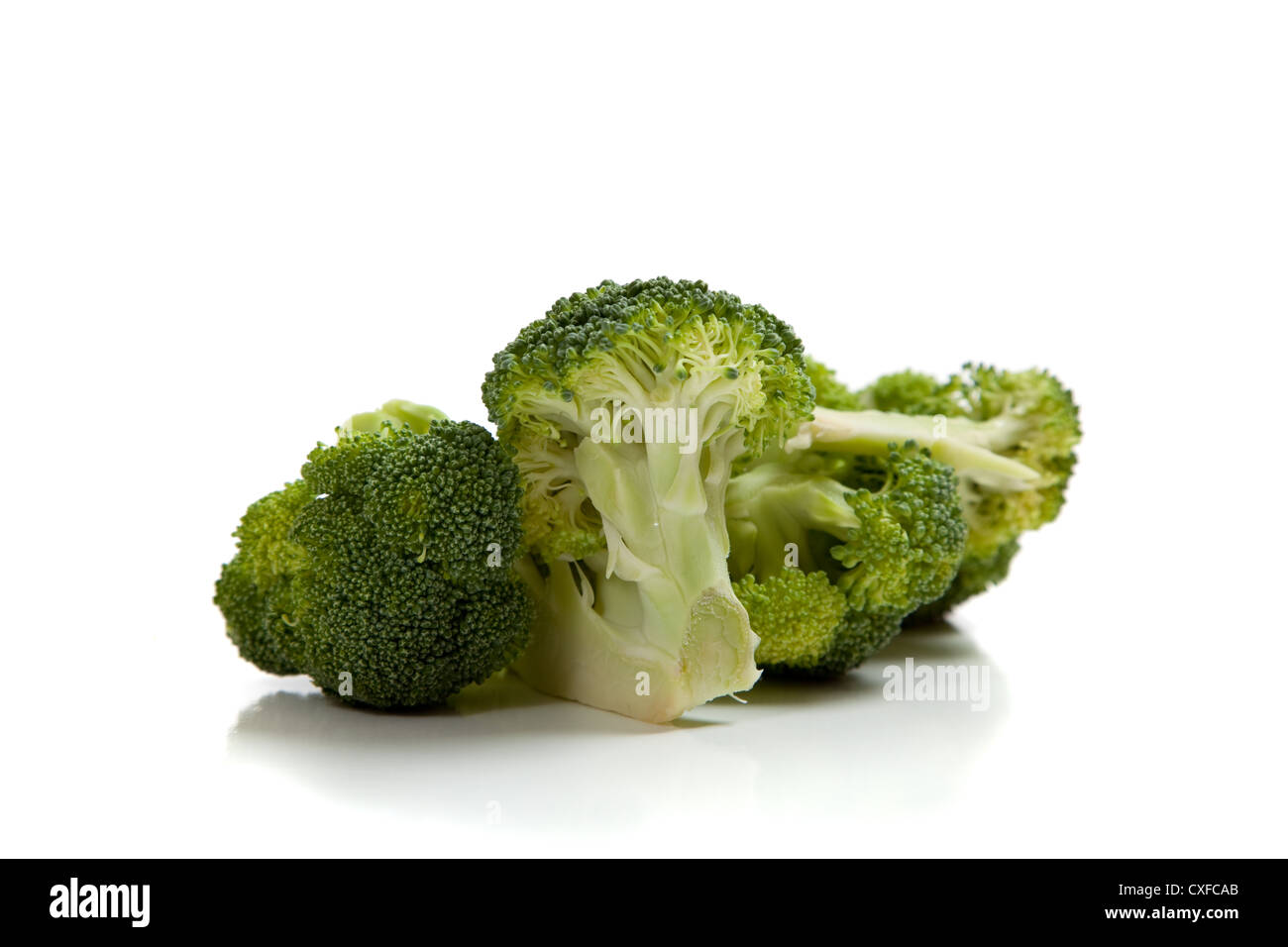 Cime di broccoli su sfondo bianco Foto Stock