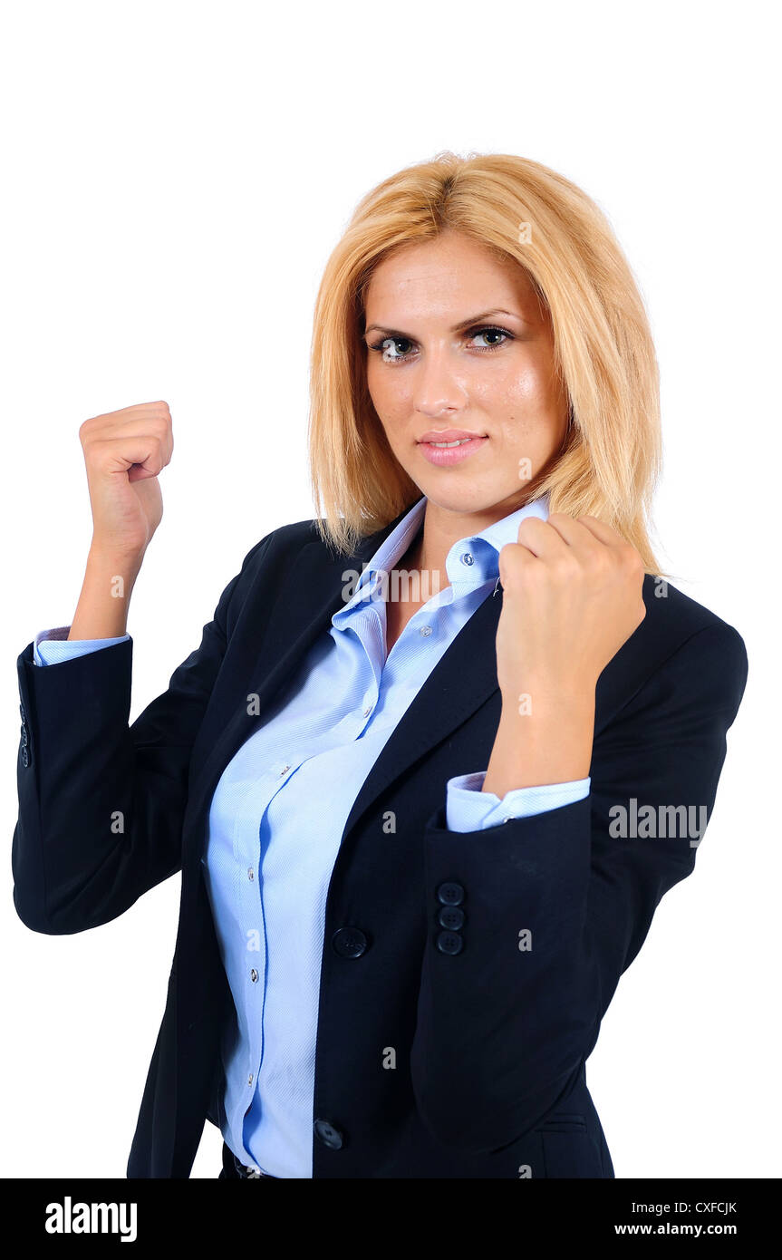 Isolato young business woman power Foto Stock