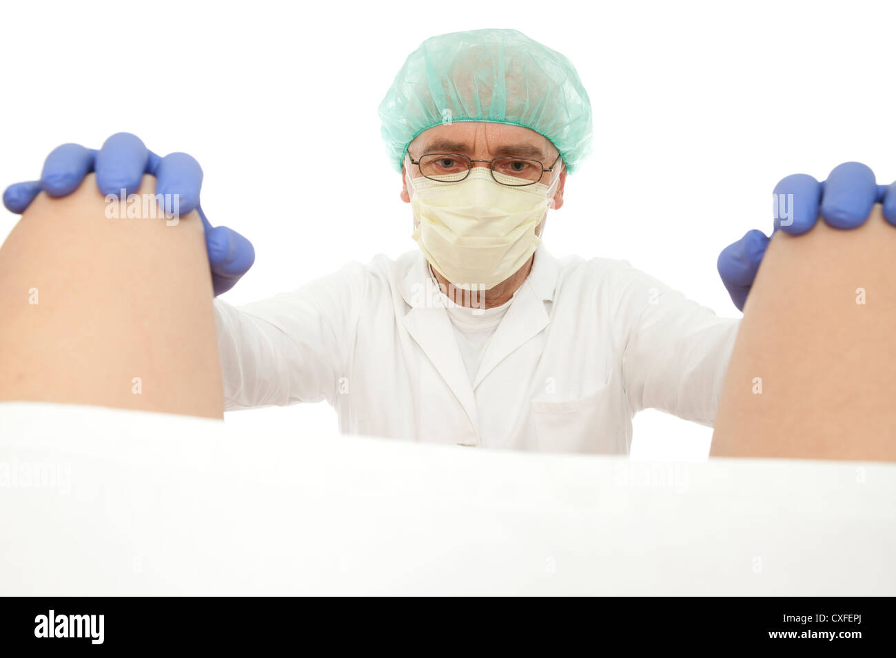 Ostetrico in attesa sul parto su sfondo bianco Foto Stock