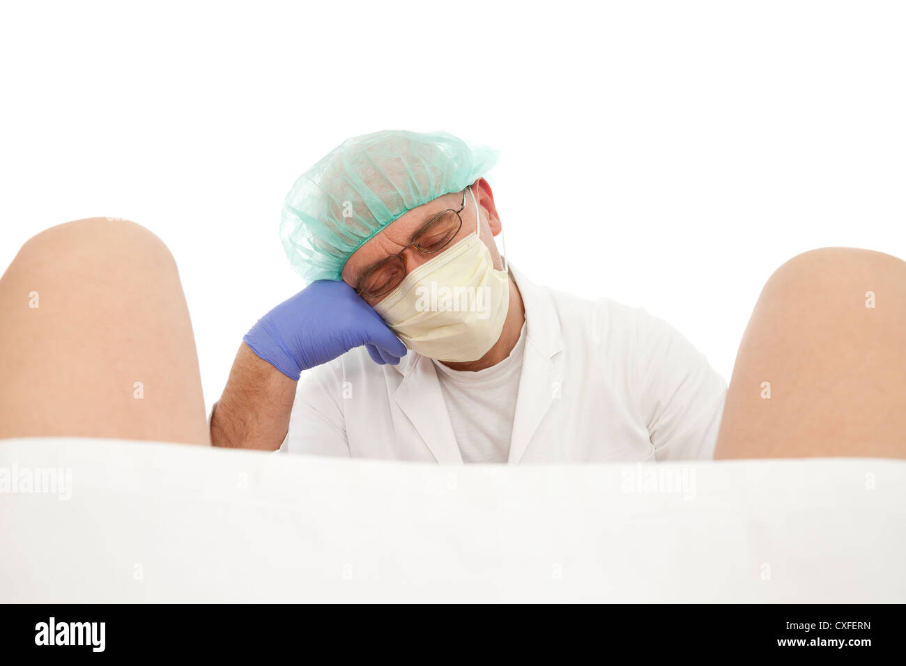 Ostetrico in attesa sul parto su sfondo bianco Foto Stock