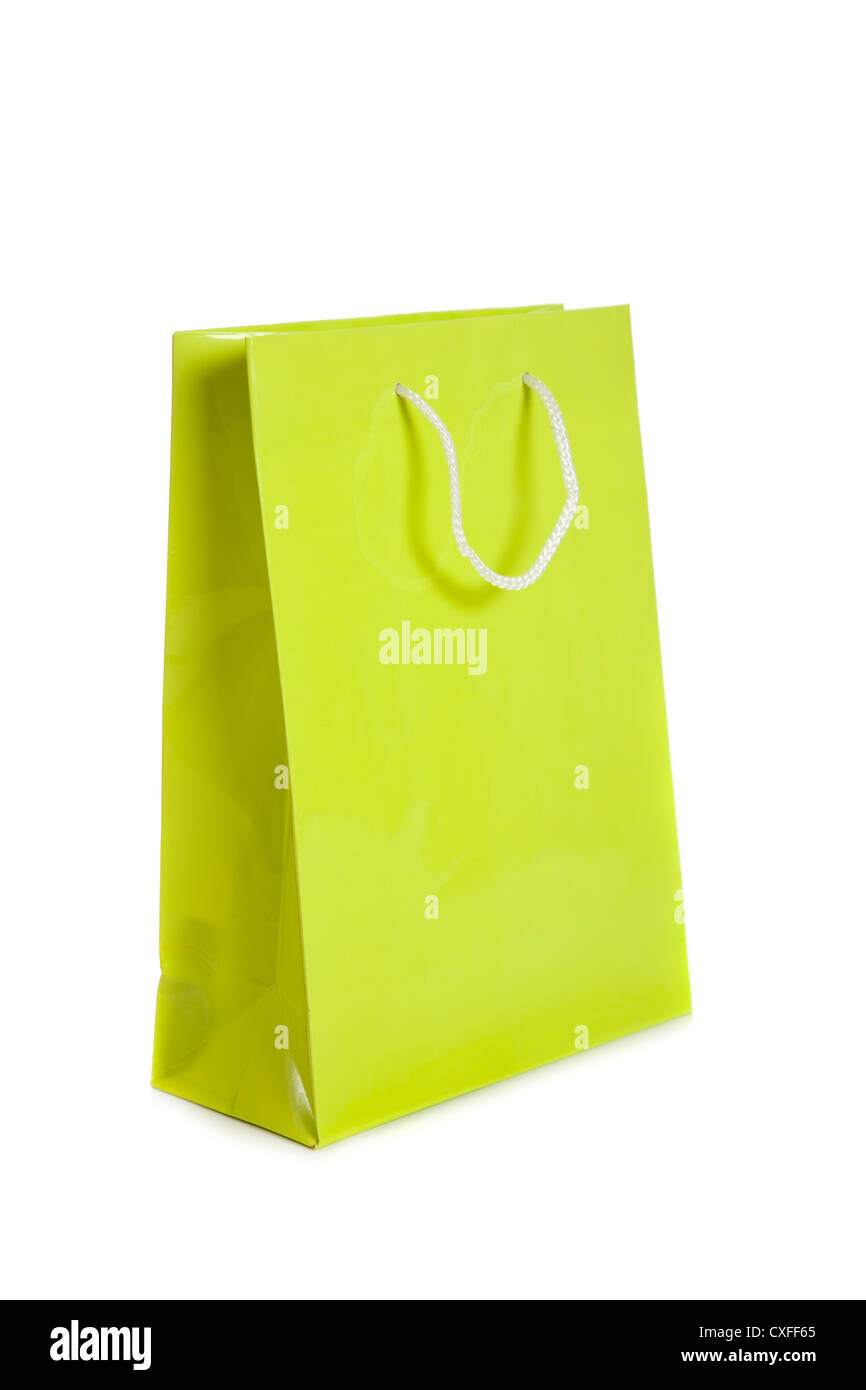 Green shopping bag su sfondo bianco Foto Stock