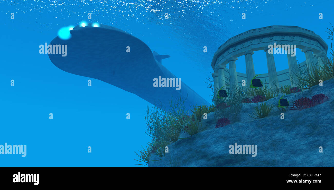 Un sommergibile passa sopra un tempio greco rovina vicino a una scogliera con la vita del mare. Foto Stock