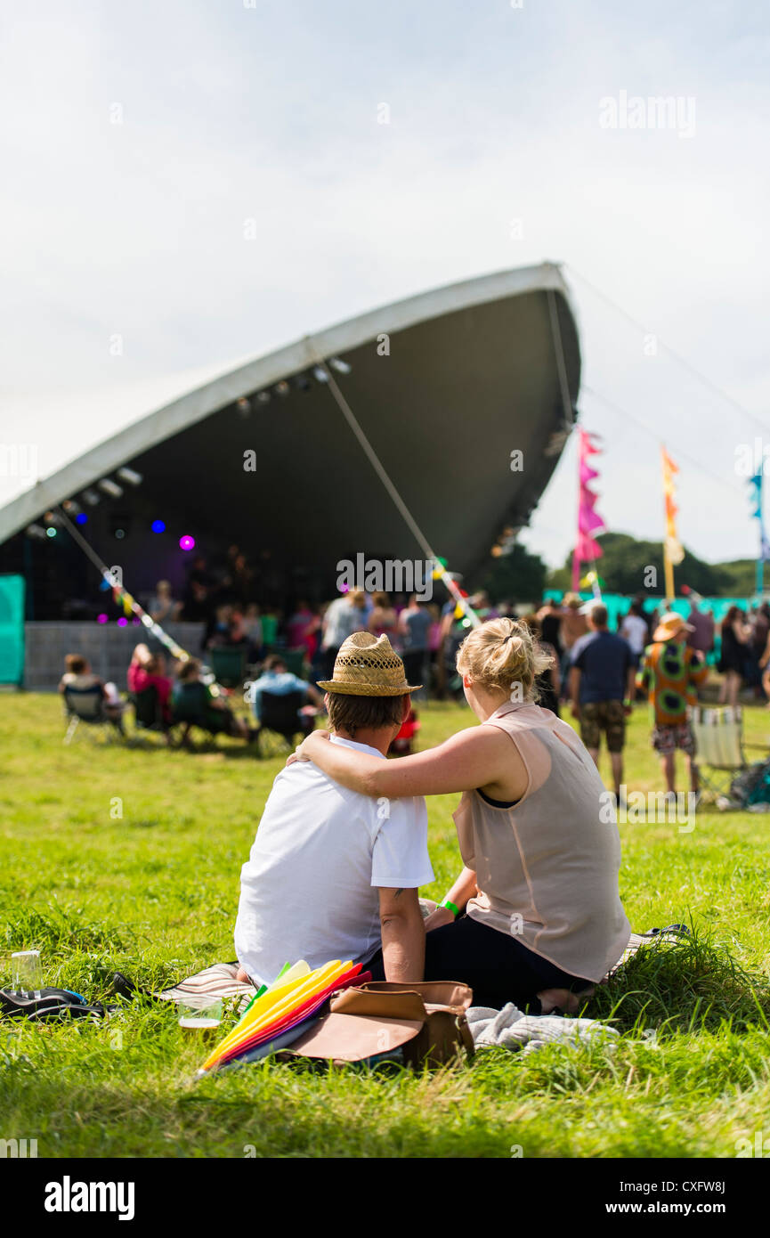 Vista posteriore della gente seduta in un campo ascolto di musica presso il grande tributo Festival, Aberystwyth Wales UK. Foto Stock