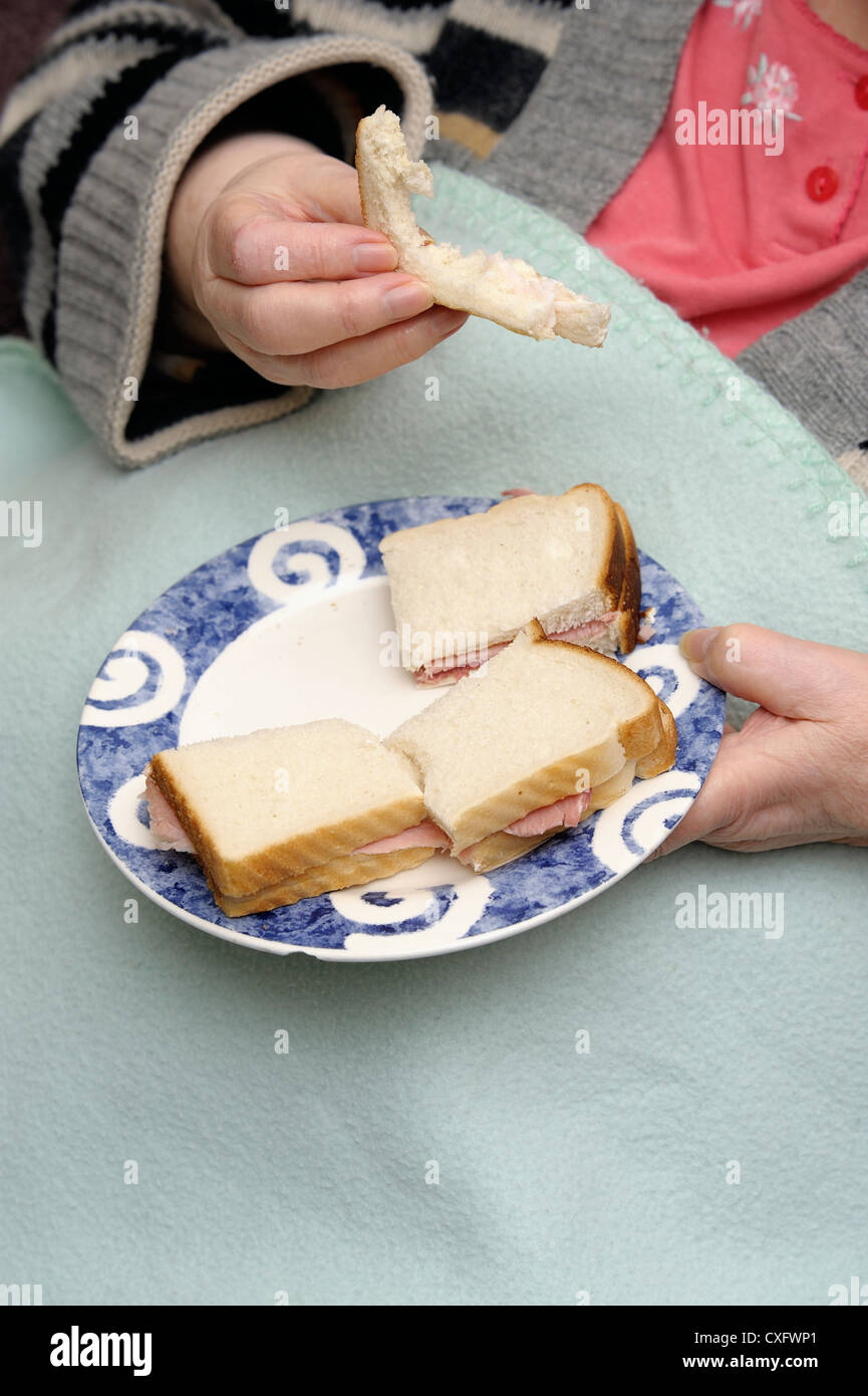 Titolare di una pensione o di una rendita che contiene una piccola piastra di panini al prosciutto Foto Stock