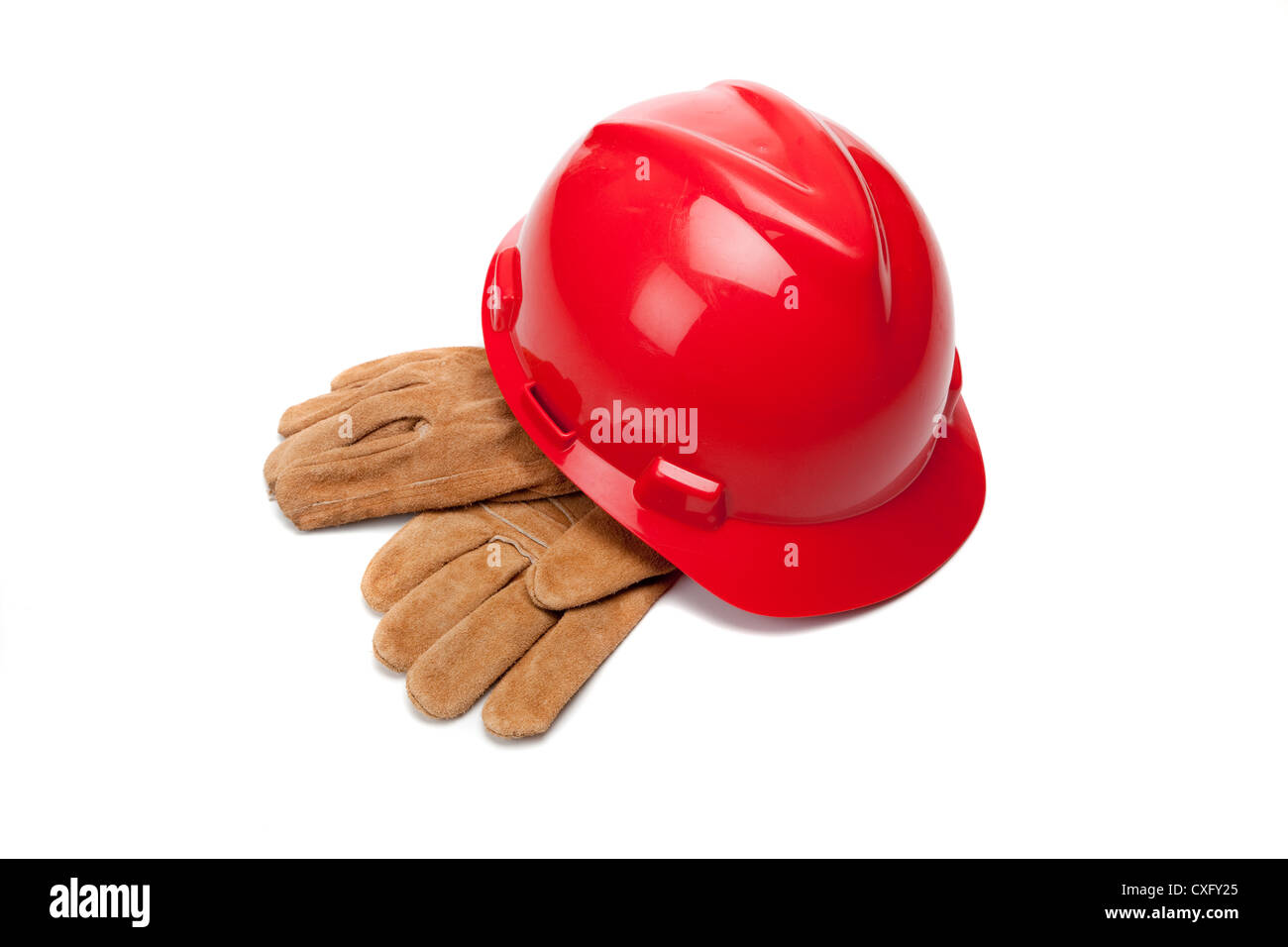 Red hardhat con guanti da lavoro Foto Stock
