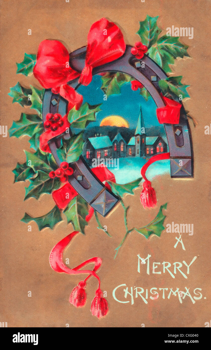 Un Buon Natale - Vintage scheda di Natale con il ferro di cavallo Foto Stock